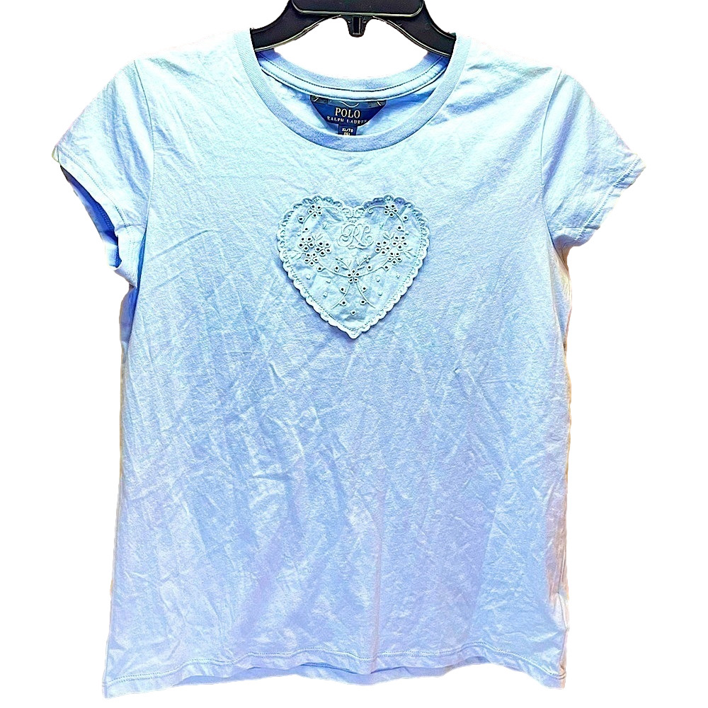 Girls Polo Ralph Lauren Spring Blue eyelet heart Short sleeve tshirt